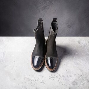 Free People Black Suede Patent Leather Studded Scalloped Chelsea Boots 38.5